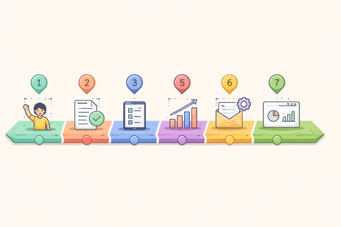 Seven-step visual timeline illustrating the 7-day performance matrix for creator campaigns