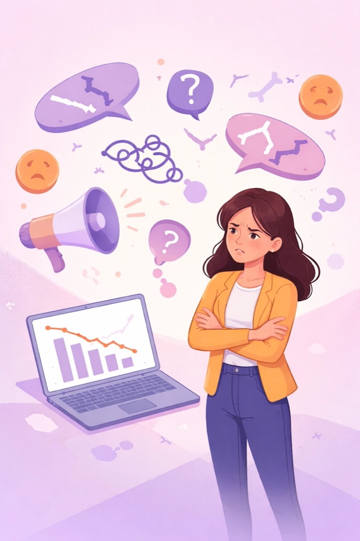Frustrated marketer surrounded by broken outcome-based promises in influencer marketing illustration